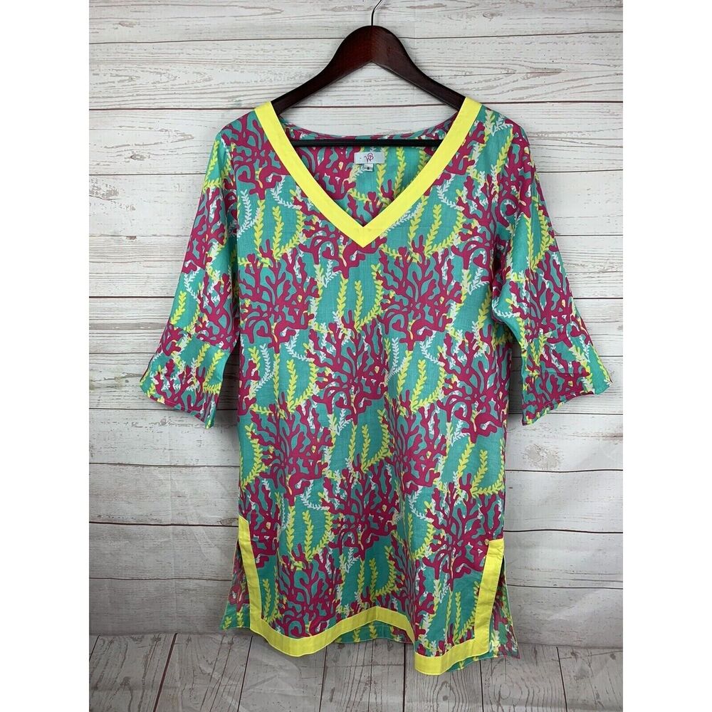 WB‎ Swim Cover Up/Tunic pink/teal/yellow seaweed print V-neck Ladies small